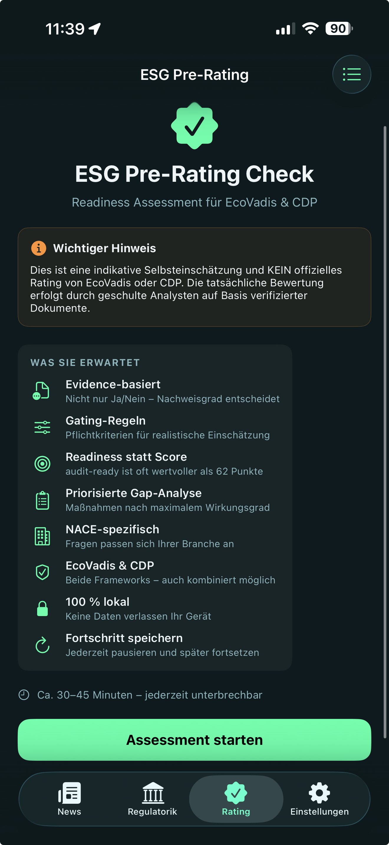 ESGvibe ESG Pre-Rating Check Screenshot